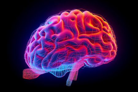 A Vibrant Neon Wire Frame Brain, Representing Brain Activity, Generative AIの素材