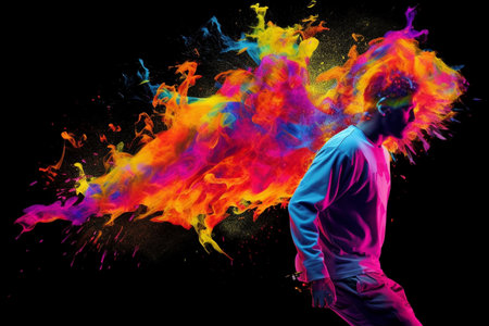 A Man Walking On a Black Background With Rainbow Paint Splatter Flowing From His Head, Generative AIの素材