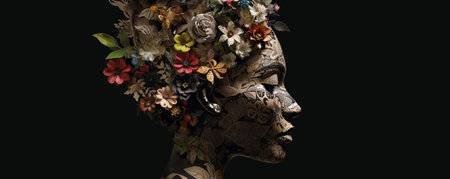 A Cardboard Silhouette of a Woman With Flowers Coming Out of Her Head, Representing Positive Emotions, and Healthy Thoughts, Generative AIの素材