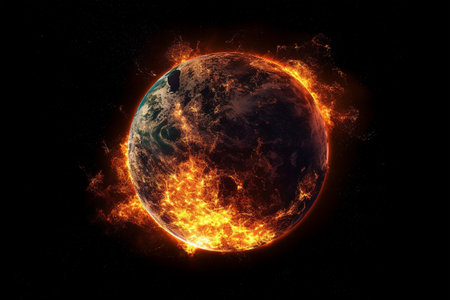 The Earth on Fire, Representing A Destroyed Post-Apocalyptic Earth on a Black Background, Generative AIの素材