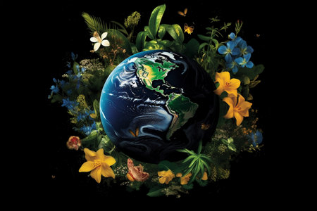 The Earth Wrapped in Leaves and Flowers, Representing a Flourishing Natural Planet on a Black Background, Generative AIの素材