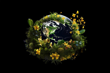 Planet Earth on a Black Background Wrapped in Leaves and Flowers Representing a Flourishing Natural Planet, Generative AIの素材