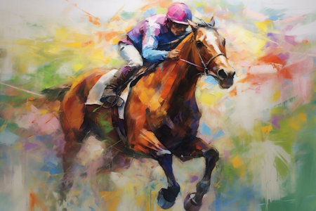 Vibrant Watercolor Painting of a Racing Horse Jockey, Lines and Paint Splatter Depicting Motion, Generative AIの素材