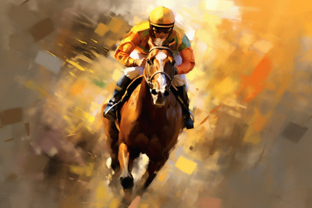 Vibrant Watercolor Painting of a Racing Horse Jockey, Lines and Paint Splatter Depicting Motion, Generative AIの素材
