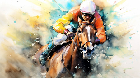 Vibrant Watercolor Painting of a Racing Horse Jockey, Lines and Paint Splatter Depicting Motion, Generative AIの素材