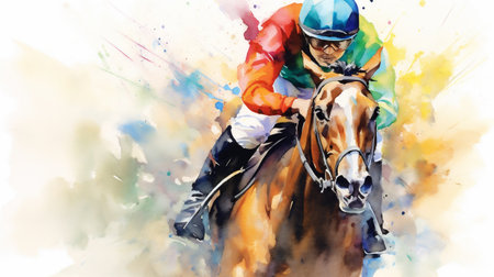 Vibrant Watercolor Painting of a Racing Horse Jockey, Lines and Paint Splatter Depicting Motion, Generative AIの素材