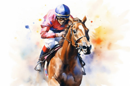 Vibrant Watercolor Painting of a Racing Horse Jockey, Lines and Paint Splatter Depicting Motion, Generative AIの素材