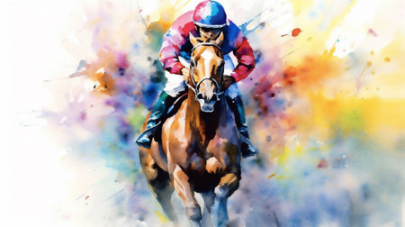Vibrant Watercolor Painting of a Racing Horse Jockey, Lines and Paint Splatter Depicting Motion, Generative AIの素材