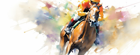 Vibrant Watercolor Painting of a Racing Horse Jockey, Lines and Paint Splatter Depicting Motion, Generative AIの素材
