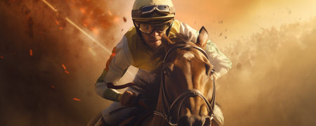 An Epic Portrait of a Horse Racing Jockey,Racing and Moving Fast, Generative AIの素材