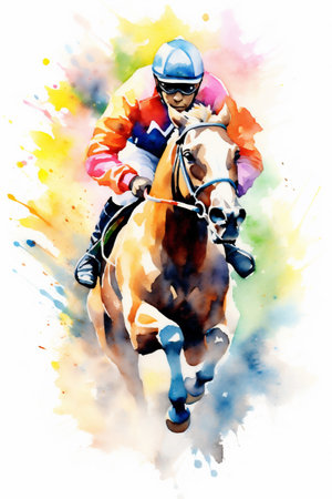 Vibrant Watercolor Painting of a Racing Horse Jockey, Lines and Paint Splatter Depicting Motion, Generative AIの素材