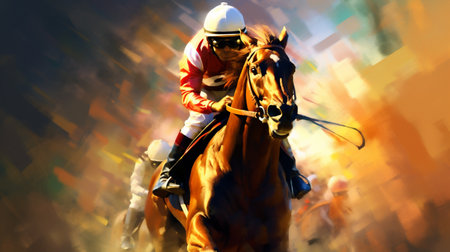 Vibrant Watercolor Painting of a Racing Horse Jockey, Lines and Paint Splatter Depicting Motion, Generative AIの素材