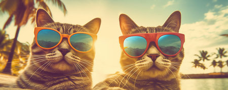 Two Cats Taking a Selfie Wearing Sunglasses on the Beach, With Sand and the Ocean in the Background, Generative AIの素材