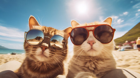 Two Cats Taking a Selfie Wearing Sunglasses on the Beach, With Sand and the Ocean in the Background, Generative AIの素材