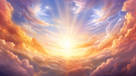 A Colorful Heavenly Sky, Sunset above the Clouds Painting, Representing Hope, Divine Power, and the Heavens, Generative AIの素材