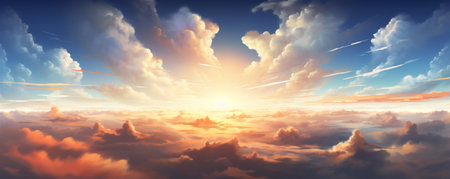 A Colorful Heavenly Sky, Sunset above the Clouds Painting, Representing Hope, Divine Power, and the Heavens, Generative AIの素材