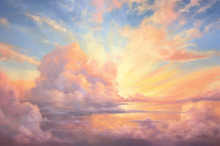A Colorful Heavenly Sky, Sunset above the Clouds Painting, Representing Hope, Divine Power, and the Heavens, Generative AIの素材