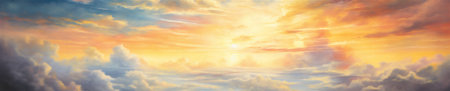 A Colorful Heavenly Sky, Sunset above the Clouds Painting, Representing Hope, Divine Power, and the Heavens, Generative AIの素材
