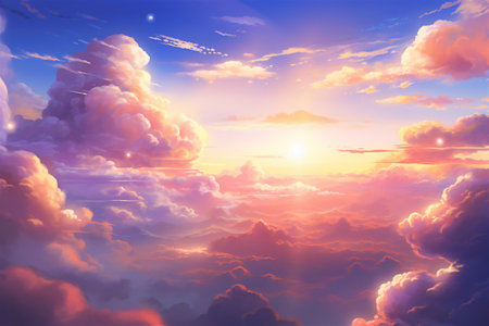 A Colorful Heavenly Sky, Sunset above the Clouds Painting, Representing Hope, Divine Power, and the Heavens, Generative AIの素材