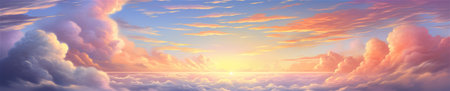 A Colorful Heavenly Sky, Sunset above the Clouds Painting, Representing Hope, Divine Power, and the Heavens, Generative AIの素材