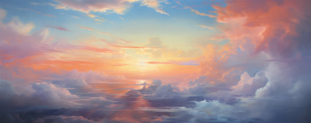 A Colorful Heavenly Sky, Sunset above the Clouds Painting, Representing Hope, Divine Power, and the Heavens, Generative AIの素材