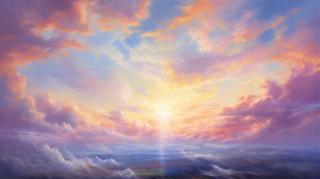 A Colorful Heavenly Sky, Sunset above the Clouds Painting, Representing Hope, Divine Power, and the Heavens, Generative AIの素材