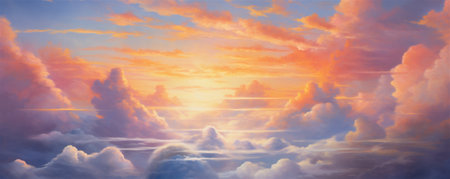 A Colorful Heavenly Sky, Sunset above the Clouds Painting, Representing Hope, Divine Power, and the Heavens, Generative AIの素材