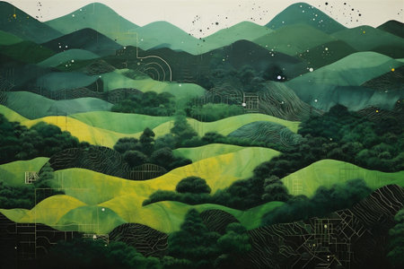 Vintage Japanese Spring Hills Painting, Spring Season, Fresh Green Hills, Abstract Vintage Japanese Lacquer Painting, Generative AIの素材
