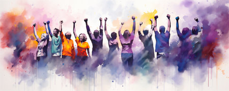 A Group of Silhouetted Men and Women Holding Fists in the Air, Representing Solidarity, A Vibrant Watercolor Painting, Generative AIの素材