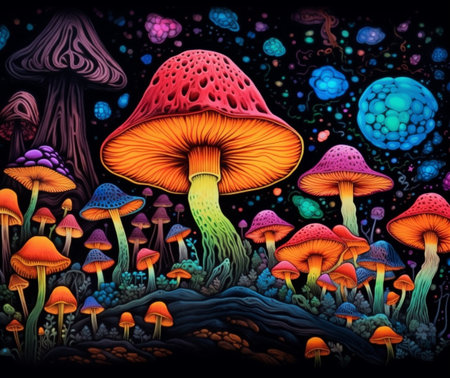 Trippy Psychedelic Mushroom, Black Light Style Art with Vivid Neon Colors, Generative AIの素材