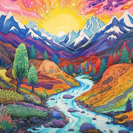 A Vibrant Colorful Landscape, Watercolor Painting Style Landscape, Otherworldly and Alien, Generative AIの素材