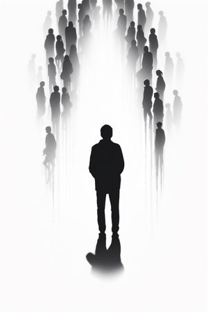 Silhouetted People Disconnected, Black Silhouetted Figures, Disconnected From Eachother, Representing a Disconnected Society, Loneliness in Youth and Society Concept, Generative AIの素材