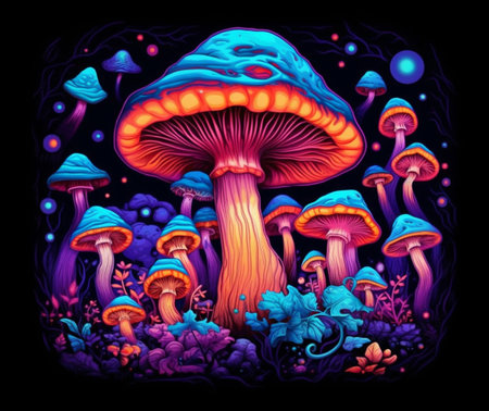Trippy Psychedelic Mushroom, Black Light Style Art with Vivid Neon Colors, Generative AIの素材