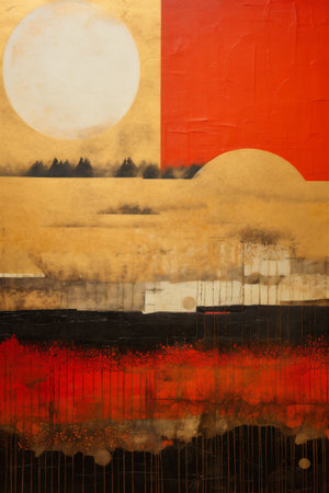 Vintage Japanese Summer Fields Painting, Summer Season, Warm Summery Fields, Abstract Vintage Japanese Lacquer Painting, Generative AIの素材