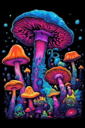 Trippy Psychedelic Mushroom, Black Light Style Art with Vivid Neon Colors, Generative AIの素材