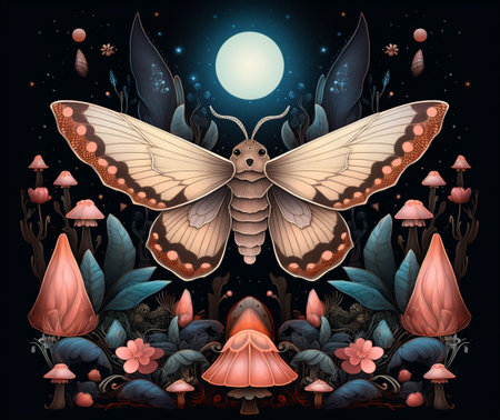 A Large moth center frame, fantasy mushrooms surrounding it in a symmetrical pattern, black background, pastel colors, generative AIの素材