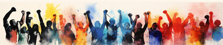 A Group of Silhouetted Men and Women Holding Fists in the Air, Representing Solidarity, A Vibrant Watercolor Painting, Generative AIの素材