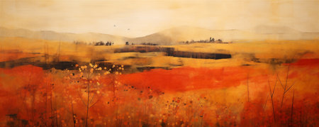 Vintage Japanese Summer Fields Painting, Summer Season, Warm Summery Fields, Abstract Vintage Japanese Lacquer Painting, Generative AIの素材