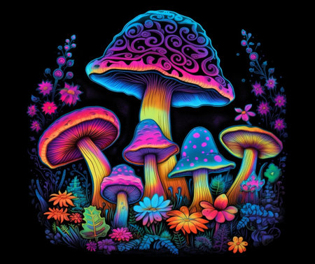 Trippy Psychedelic Mushroom, Black Light Style Art with Vivid Neon Colors, Generative AIの素材
