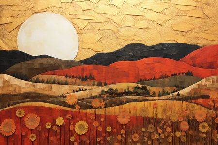 Vintage Japanese Summer Fields Painting, Summer Season, Warm Summery Fields, Abstract Vintage Japanese Lacquer Painting, Generative AIの素材