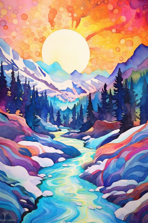 A Vibrant Colorful Landscape, Watercolor Painting Style Landscape, Otherworldly and Alien, Generative AIの素材
