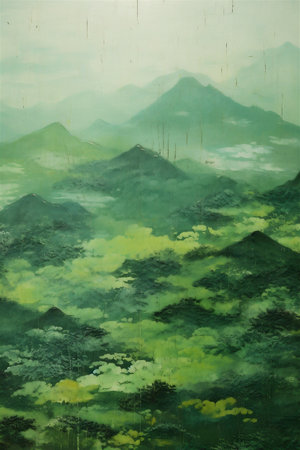 Vintage Japanese Spring Hills Painting, Spring Season, Fresh Green Hills, Abstract Vintage Japanese Lacquer Painting, Generative AIの素材