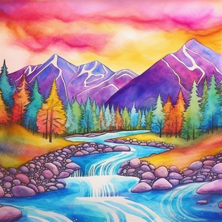 A Vibrant Colorful Landscape, Watercolor Painting Style Landscape, Otherworldly and Alien, Generative AIの素材