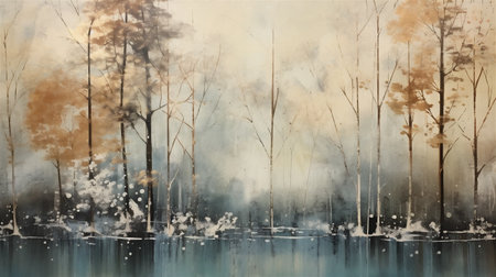 Vintage Japanese Winter Forest Painting, Winter Season, Cool Wintry Forest, Abstract Vintage Japanese Lacquer Painting, Generative AIの素材