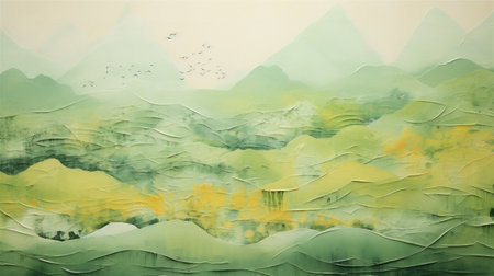 Vintage Japanese Spring Hills Painting, Spring Season, Fresh Green Hills, Abstract Vintage Japanese Lacquer Painting, Generative AIの素材