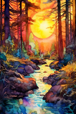 A Vibrant Colorful Landscape, Watercolor Painting Style Landscape, Otherworldly and Alien, Generative AIの素材