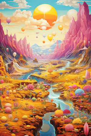 A Vibrant Colorful Landscape, Watercolor Painting Style Landscape, Otherworldly and Alien, Generative AIの素材