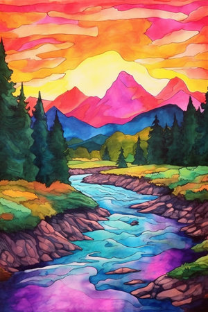 A Vibrant Colorful Landscape, Watercolor Painting Style Landscape, Otherworldly and Alien, Generative AIの素材