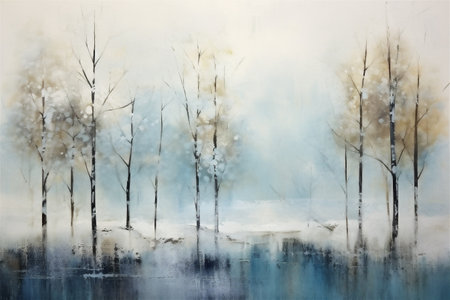 Vintage Japanese Winter Forest Painting, Winter Season, Cool Wintry Forest, Abstract Vintage Japanese Lacquer Painting, Generative AIの素材