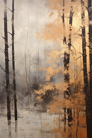 Vintage Japanese Winter Forest Painting, Winter Season, Cool Wintry Forest, Abstract Vintage Japanese Lacquer Painting, Generative AIの素材